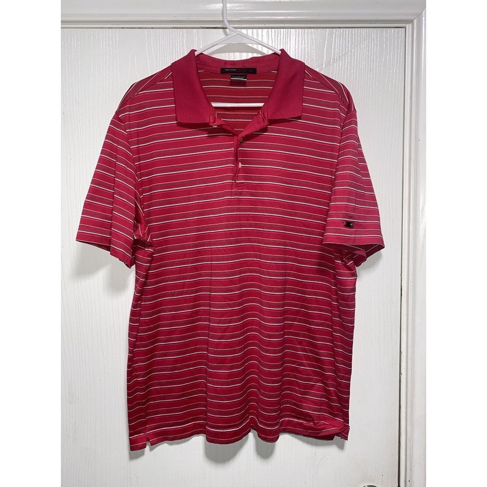 Nike Tiger Woods Collection Polo Shirt Men Size Large Pink Striped Dri Fit‎ Knit